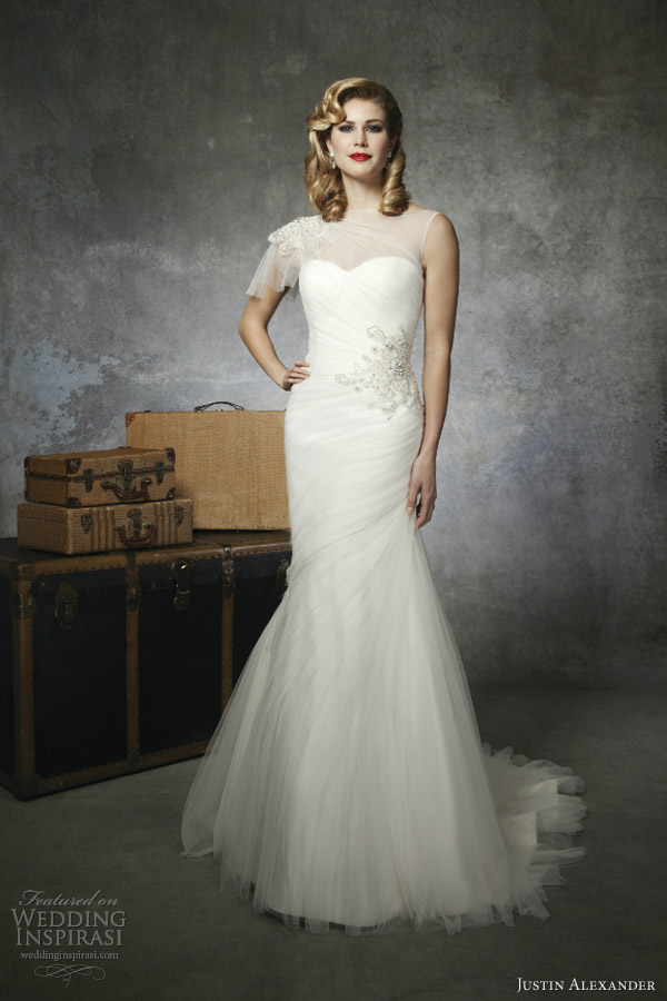 justin alexander bridal spring 2013 wedding dress style 8651 illusion bateau neckline jeweled shoulder flutter cap sleeve