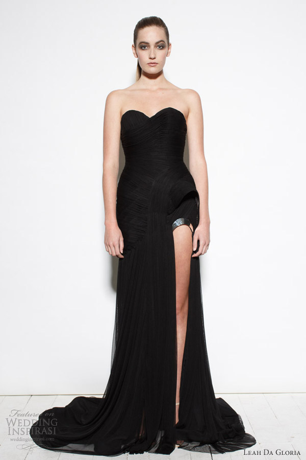 leah da gloria strapless draped black gown