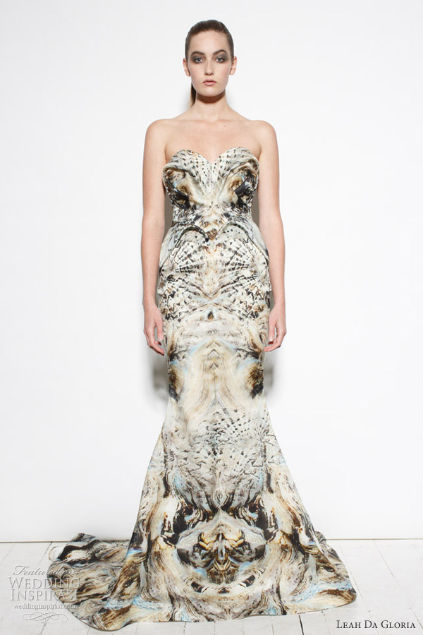 leah da gloria strapless print gown