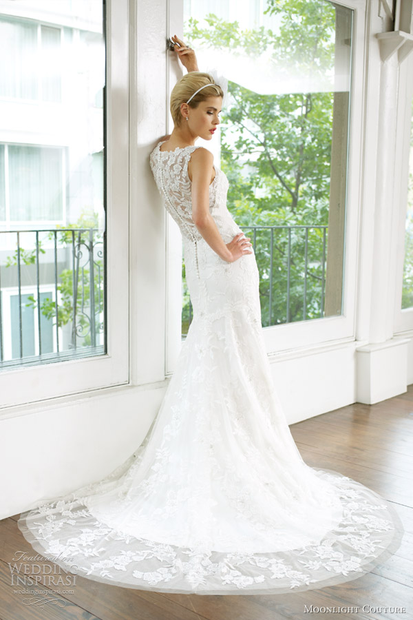 moonlight couture wedding dresses spring 2013 sleeveles lace sheath h1219 illusion back