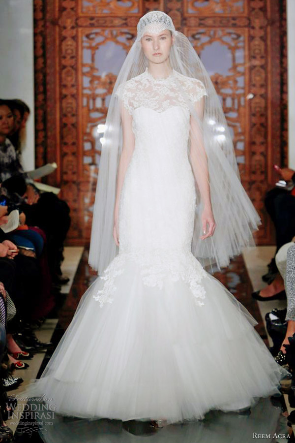 reem acra bridal fall 2013 mermaid lace wedding dress cap sleeves