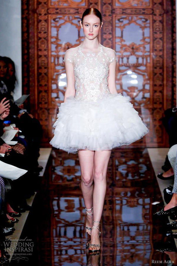 reem acra bridal fall 2013 short wedding dress illusion cap sleeves