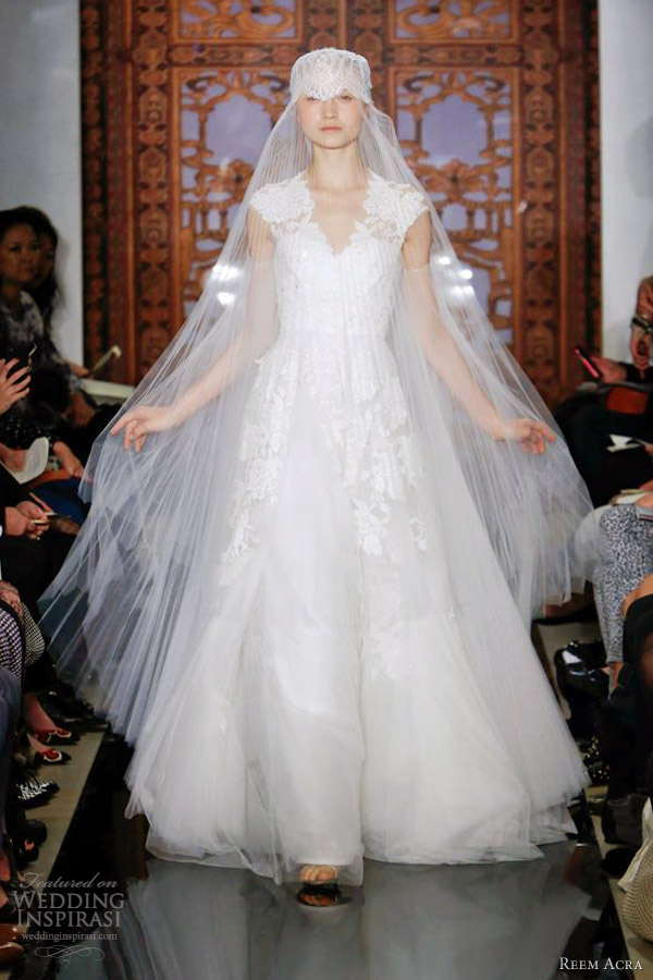 reem acra bridal fall 2013 wedding dress lace cap sleeves