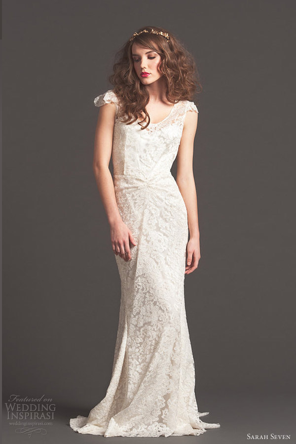 sarah seven bridal fall 2013 golden lace cap sleeve wedding dress