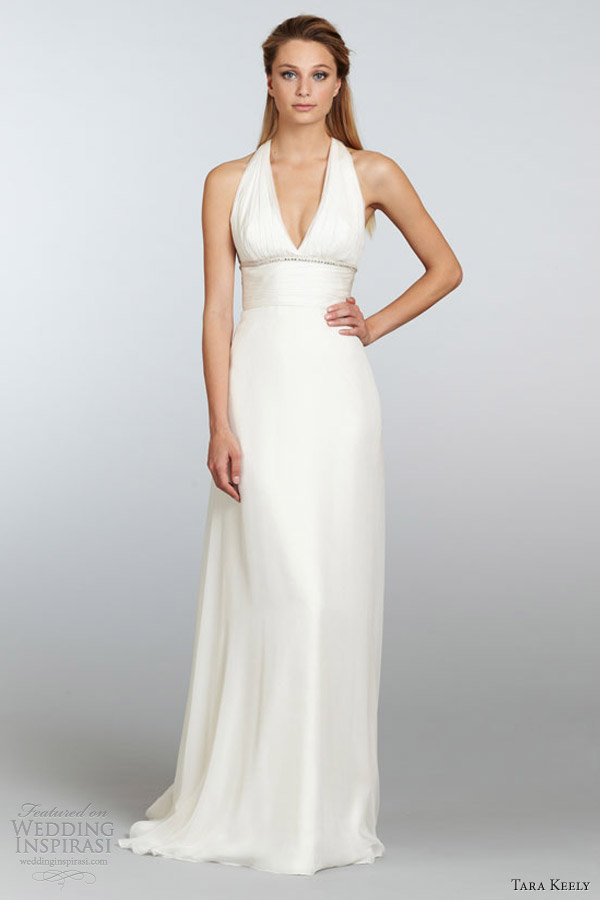 tara keely spring 2013 bridal ivory chiffon empire waist sheath gown ruched v neck beaded bodice