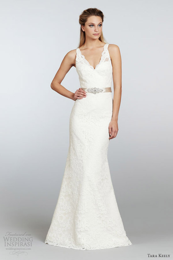 tara keely spring 2013 ivory alencon lace trumpet gown v neckline beaded ribbon belt