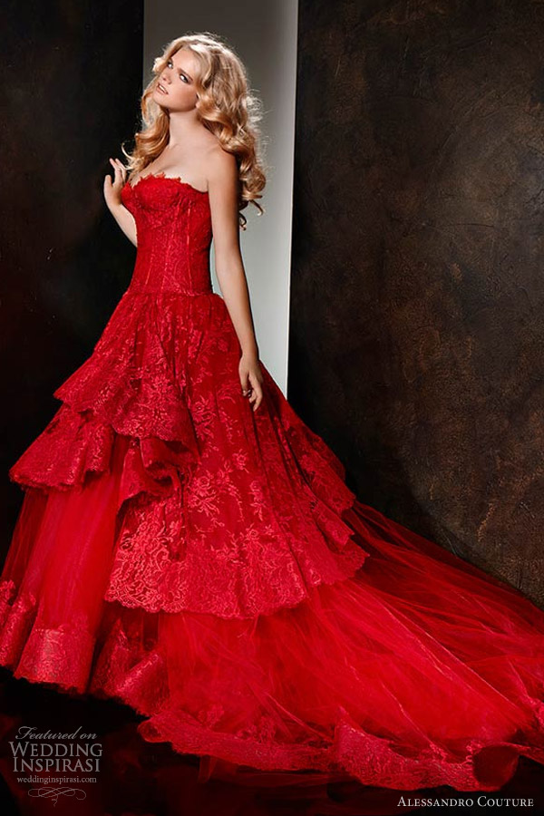 alessandro couture 2013 strapless red wedding dress