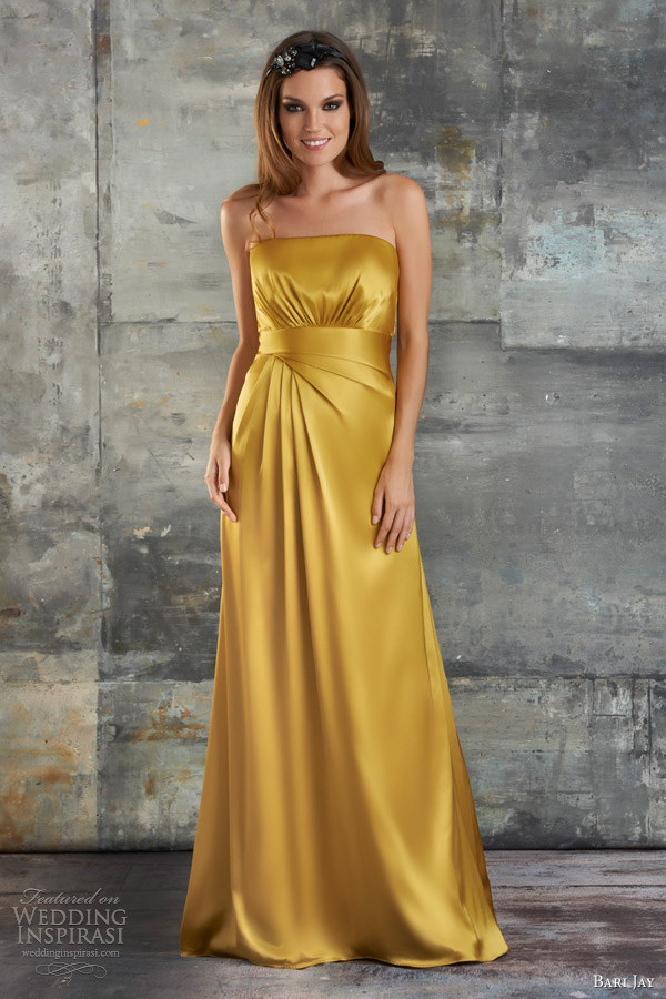 bari jay spring 2013 bridesmaids dresss 657 strapless charmeuse gown mustard