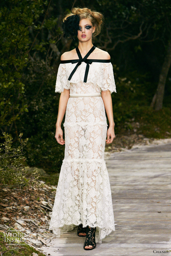 chanel spring 2013 couture white lace dress black straps