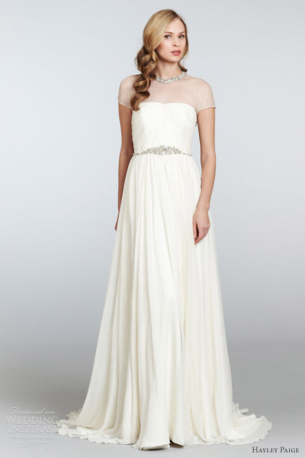 hayley paige spring 2013 anya sheath wedding dress draped tulle crystal collar neckline hp6300