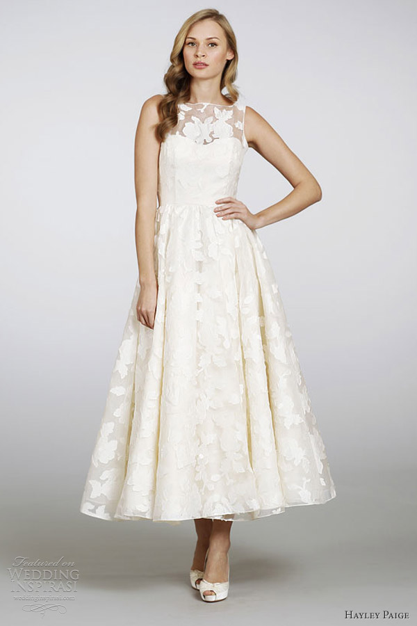 hayley paige spring 2013 hepburn silk organza brocade sheer tea length wedding dress open back circular skirt hp6310