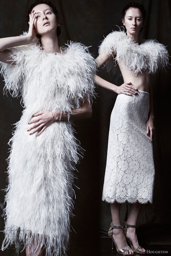 houghton bridal fall 2013 michelline ostrich feather dress ophelia shrug amalie lace skirt