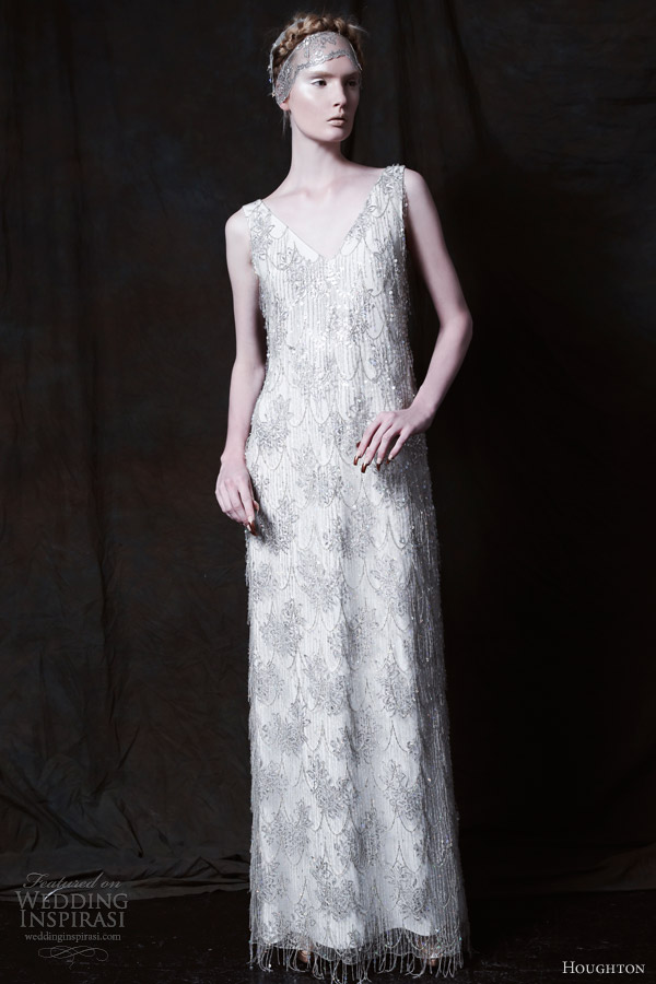 houghton bride fall 2013 tempeste sleeveless slip gown silver metalic lace gold sequins embroidery