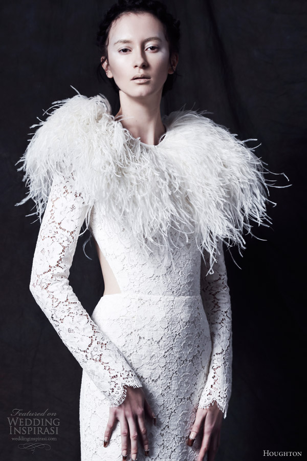 houghton wedding dresses fall 2013 chante long sleeve lace gown cutout ophelia ostrich feather shrug