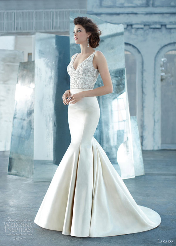 lazaro spring 2013 silk faced satin trumpet wedding dress sheer jewel encrusted v neck crystal lz 3314