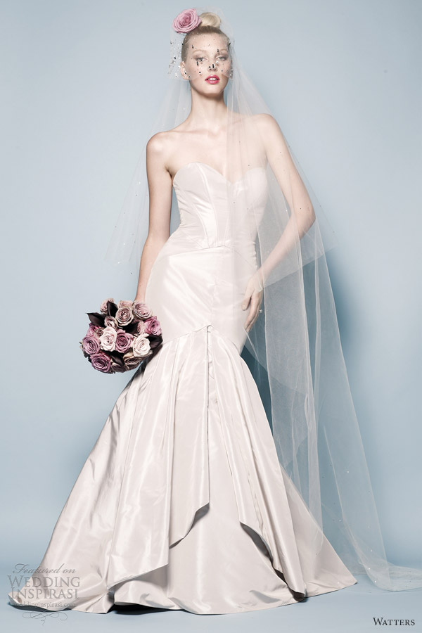 watters brides spring 2013 pillar strapless silk taffeta mermaid gown platinum