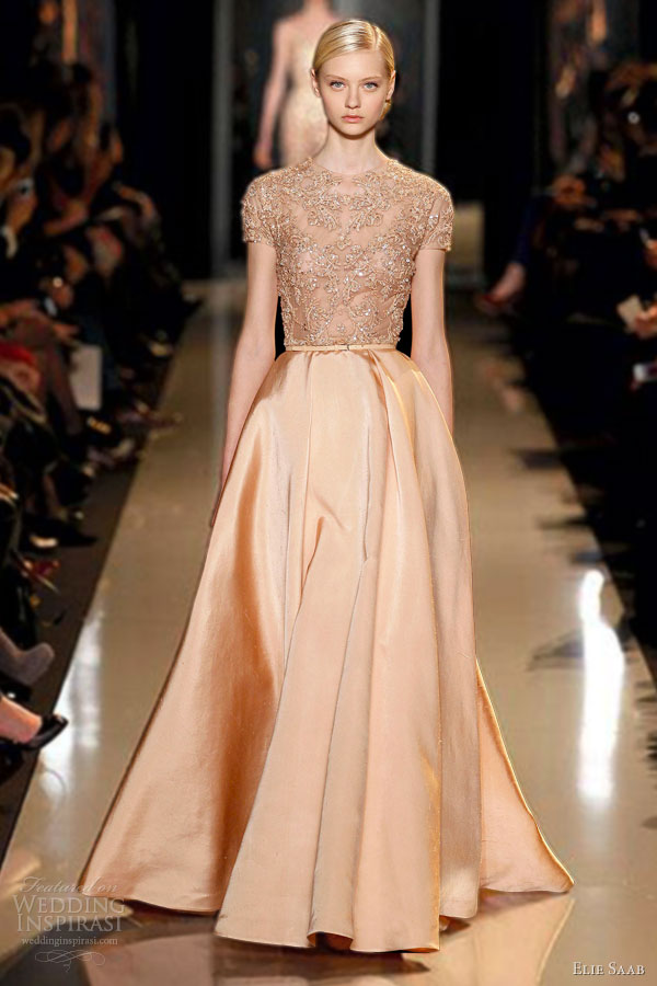 elie saab couture 2013 melon peach blush silk shantung gown embroidered lace guipure bodice