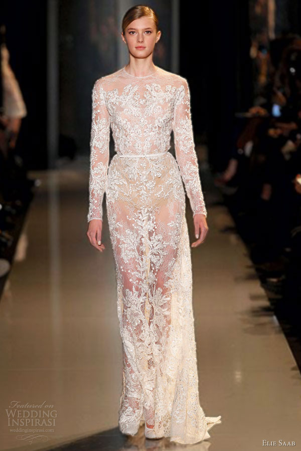 elie saab spring 2013 couture lace long sleeve sheath wedding dress