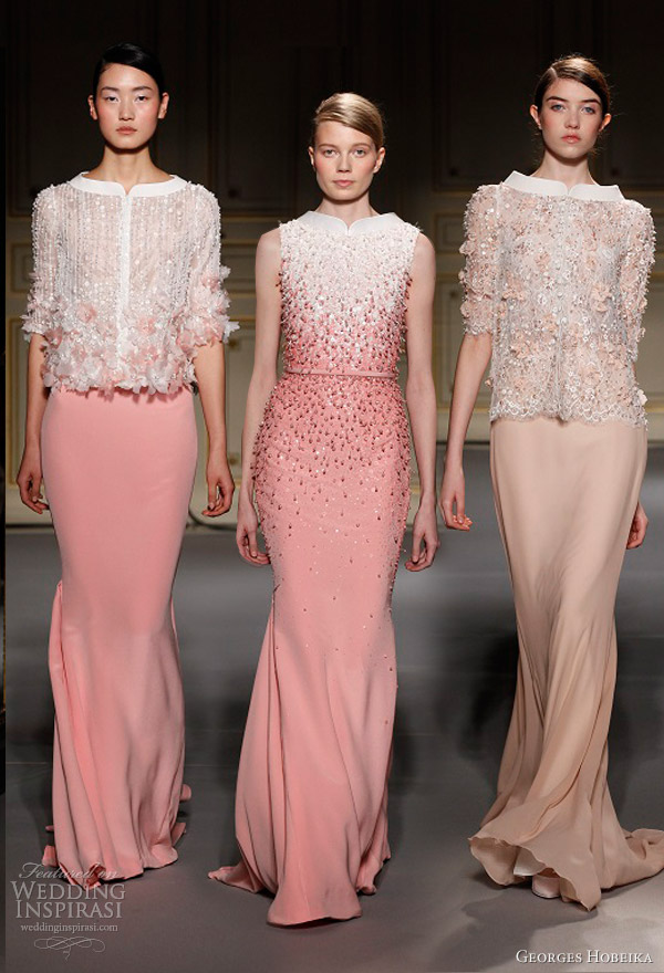 georges hobeika spring summer 2013 couture pale pink peach dresses split funnel neckline