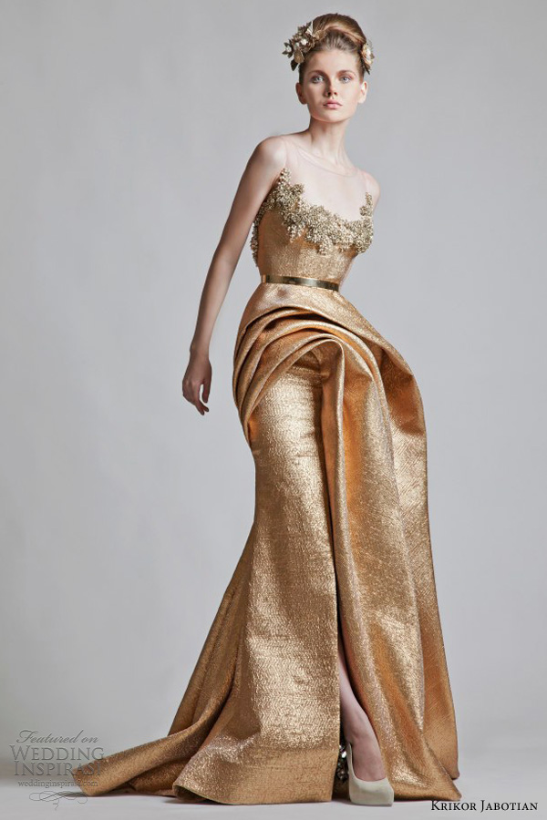 krikor jabotian 2012 2013 copper color wedding dress illusion neckline