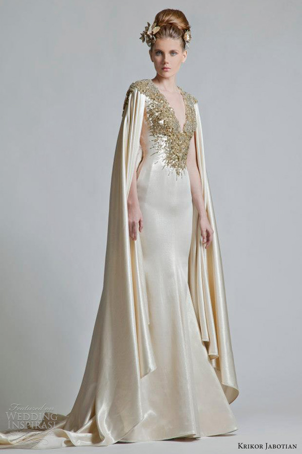 krikor jabotian wedding dresses 2013 gold cape sleeves gown