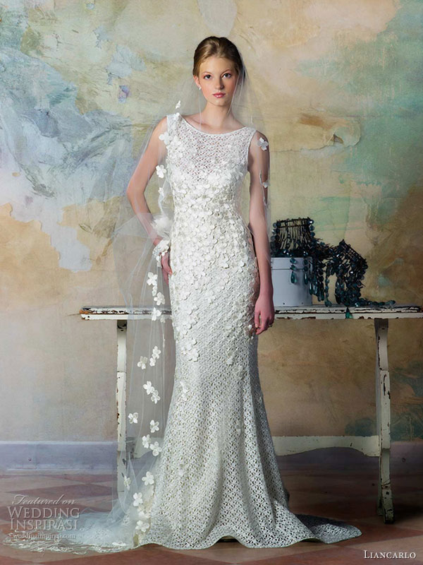 liancarlo bridal fall 2013 wedding dress style 5835 sleeveless guipure lace boatneck sheath gown