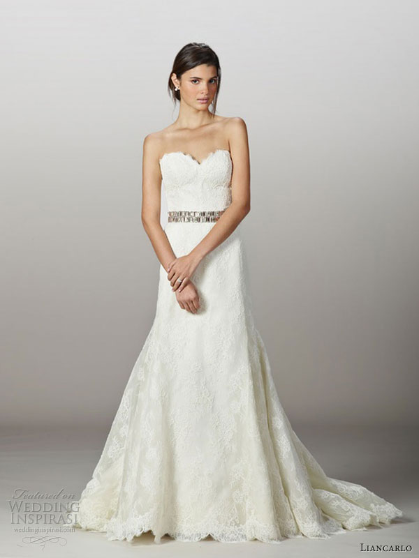 liancarlo fall 2013 wedding dress style 5831 corded chantilly lace strapless gown