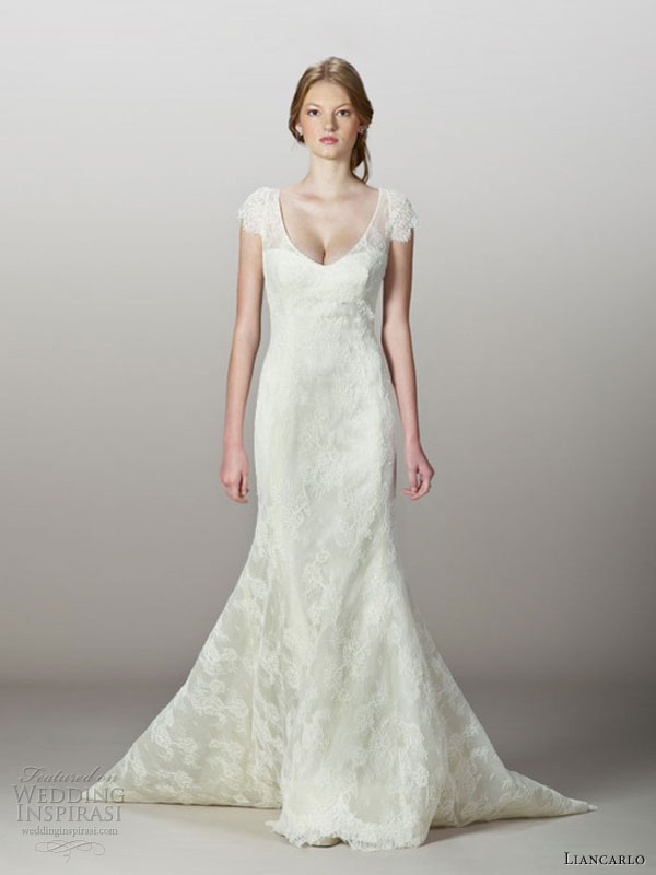 liancarlo fall 2013 wedding dress style 5832 corded chantilly lace mermaid gown cap sleeves