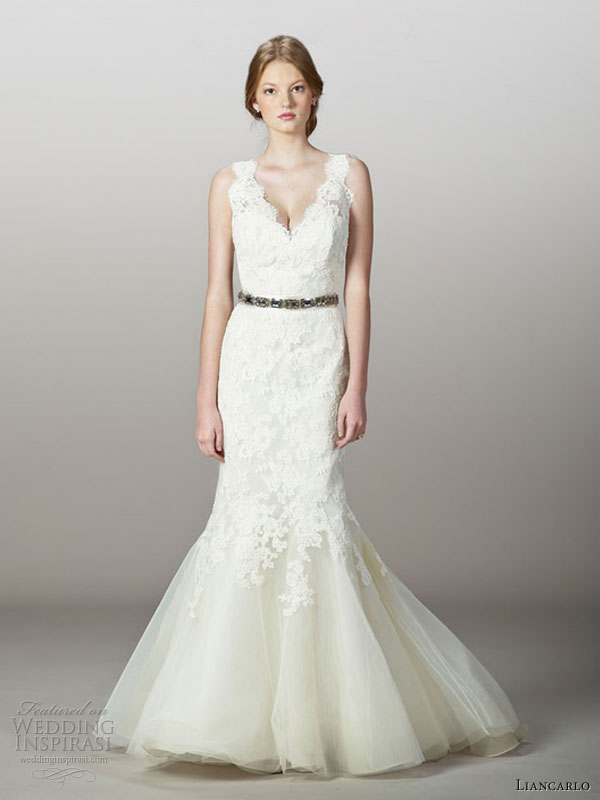 liancarlo fall 2013 wedding dress style 5834 mermaid gown with illusion straps
