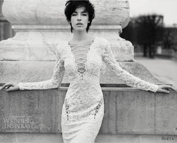 berta wedding dresses 2013 long sleeve lace sheath laced up detail