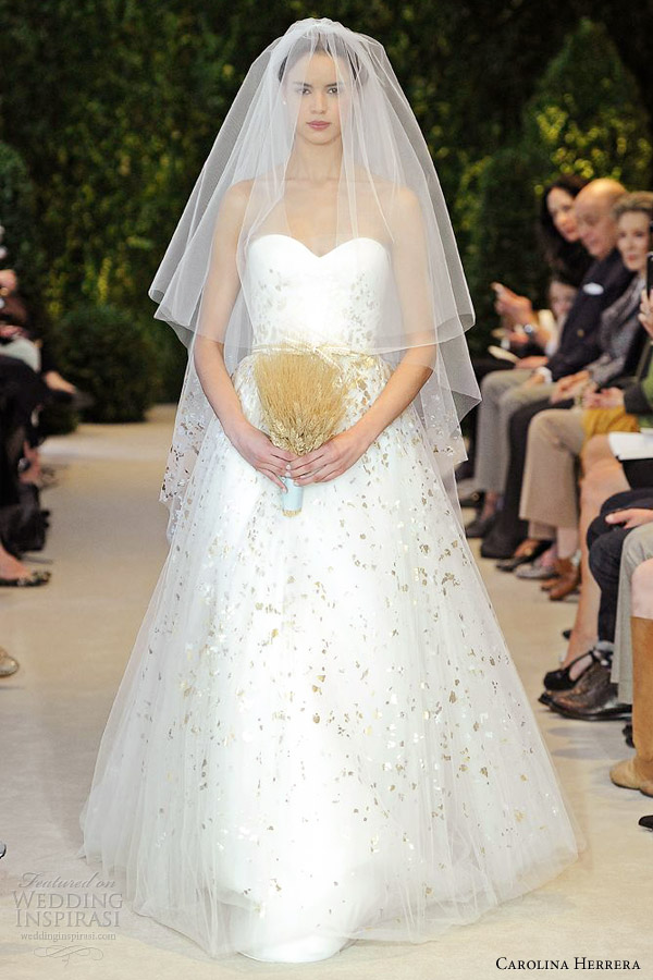 carolina herrera bridal spring 2014 aurora strapless gold speckled gown