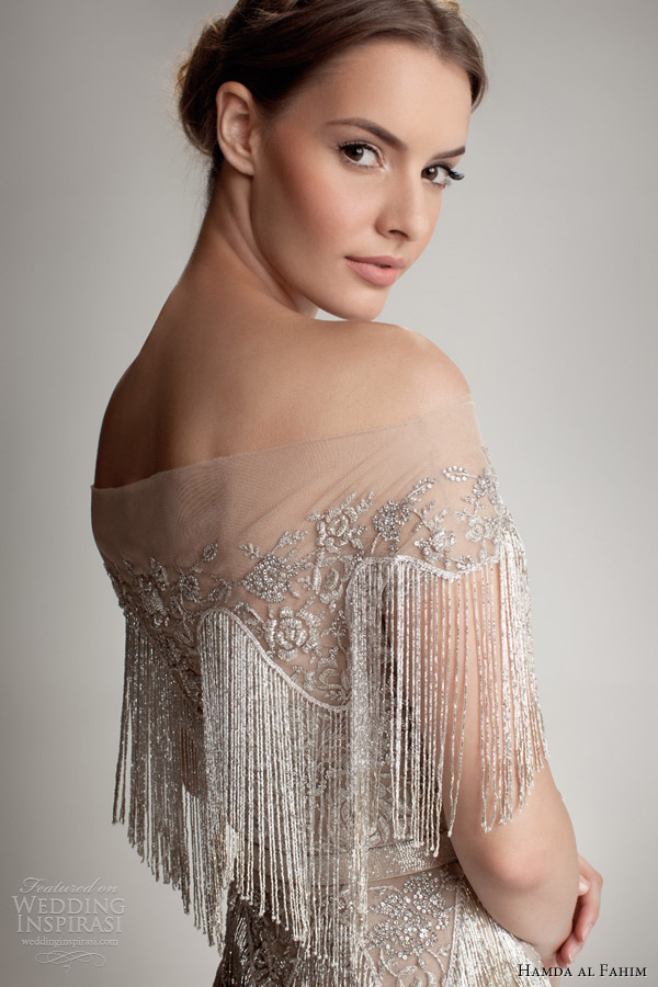 hamda al fahim fall 2012 2013 fringe cape off shoulder gown close up