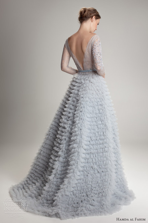 hamda al fahim fall 2012 2013 ligh blue wedding dress illusion sleeves ruffle skirt back train