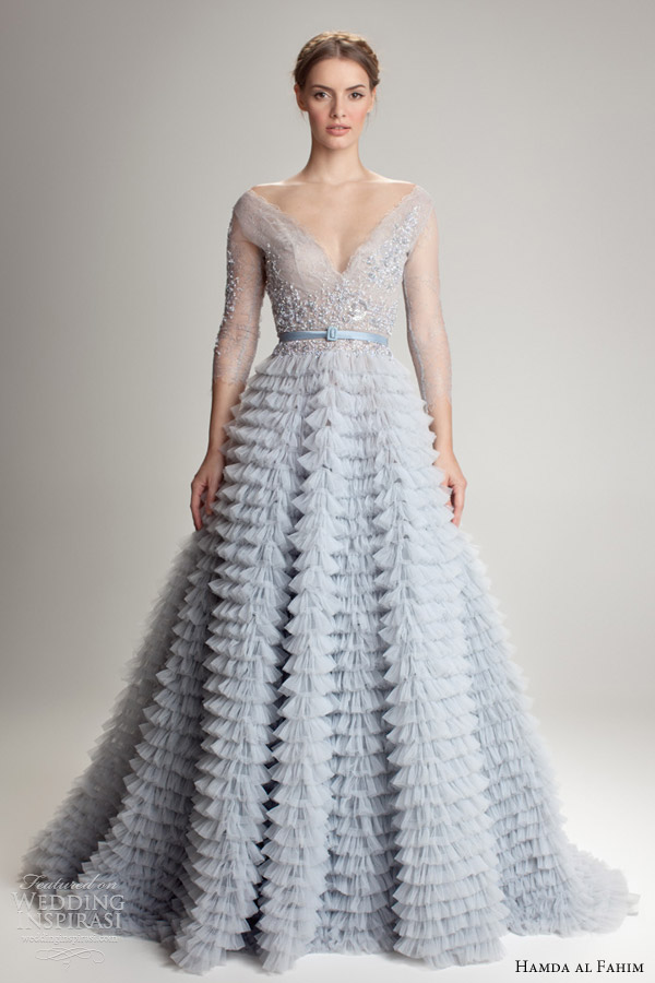 hamda al fahim fall 2012 2013 ligh blue wedding dress illusion sleeves ruffle skirt