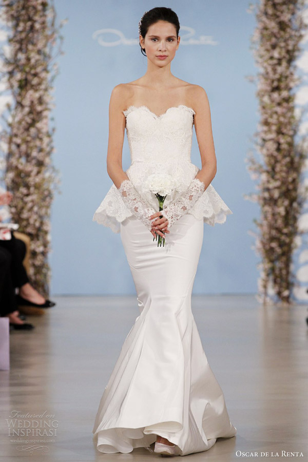 oscar de la renta 2014 bridal bouquet corded chantilly lace sweetheart peplum gown ivory silk faille trumpet skirt