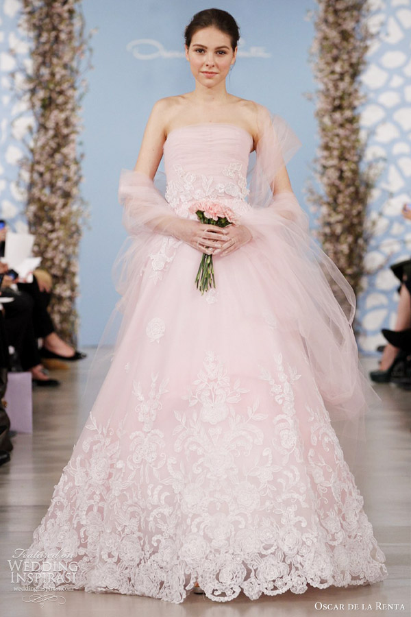 oscar de la renta 2014 bridal pink tulle gown ivory flowers pink wrap