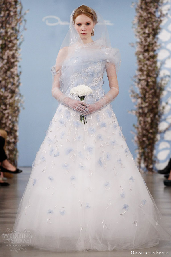 oscar de la renta bridal 2014 blue color tulle wedding dress