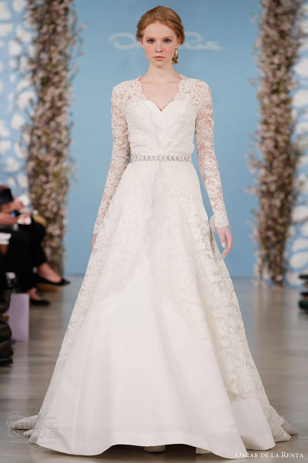 oscar de la renta bridal 2014 wedding dress long sleeve lace overlay