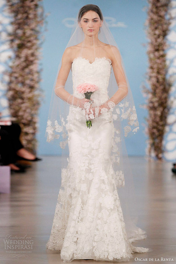 oscar de la renta wedding dresses 2014 flower embroidered silk organza sweetheart trumpet gown