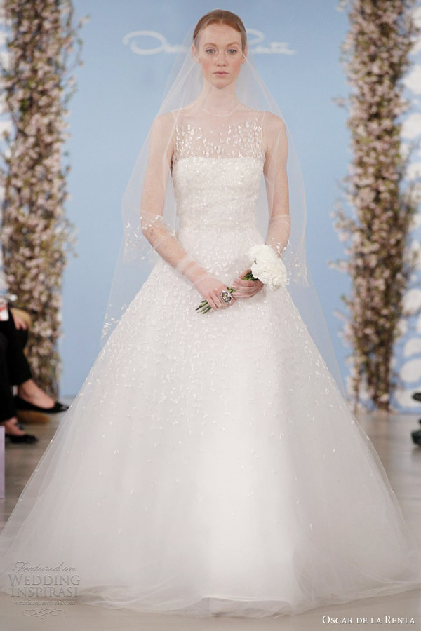 oscar de la renta wedding dresses 2014 strapless gown with illusion tulle neckline