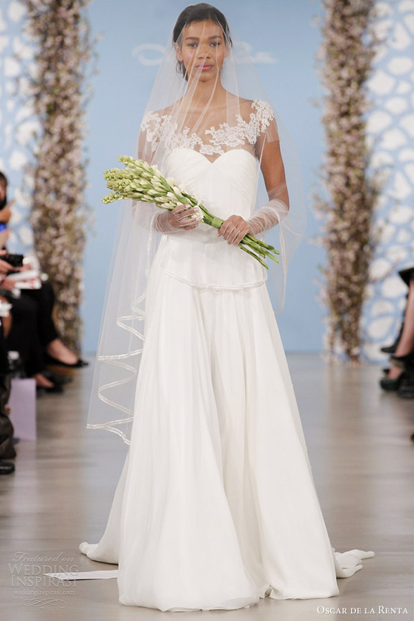 oscar de la renta wedding dresses spring 2014 silk crinkle chiffon gathered sweetheart gown