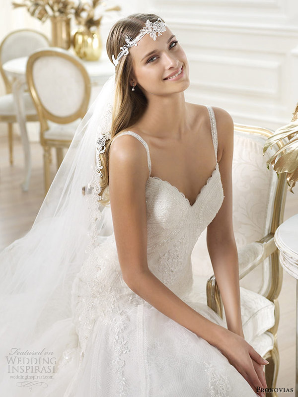 pronovias 2014 bridal lary straps beaded bodice wedding dress