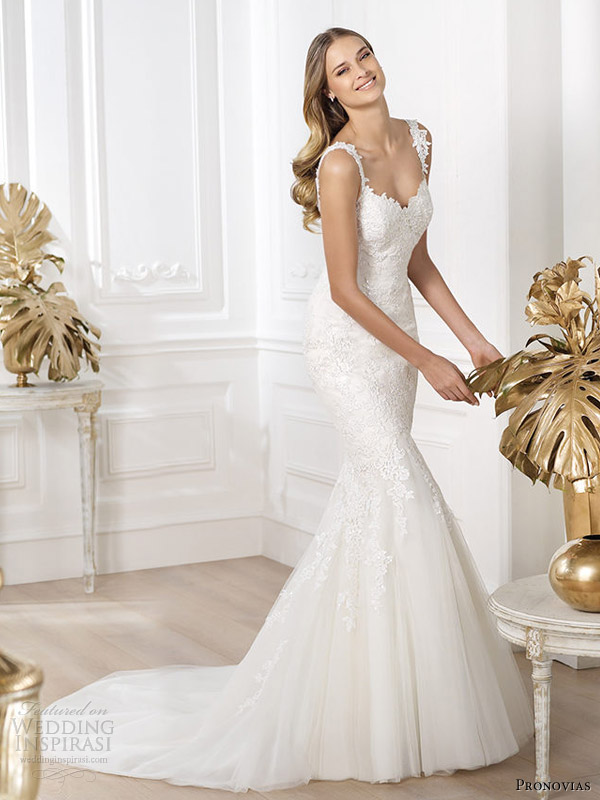 pronovias bridal 2014 fashion collection land fit flare lace gown straps