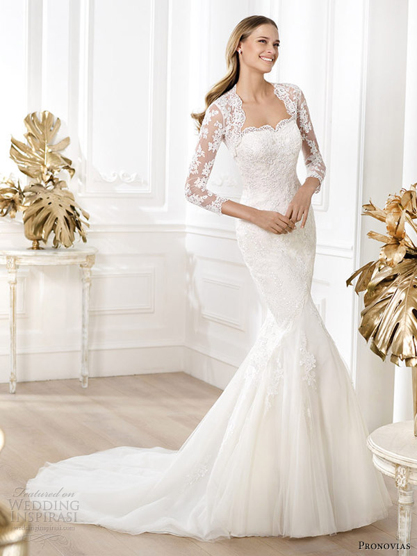 pronovias bridal 2014 fashion lanete straples lace gown sleeve jacket