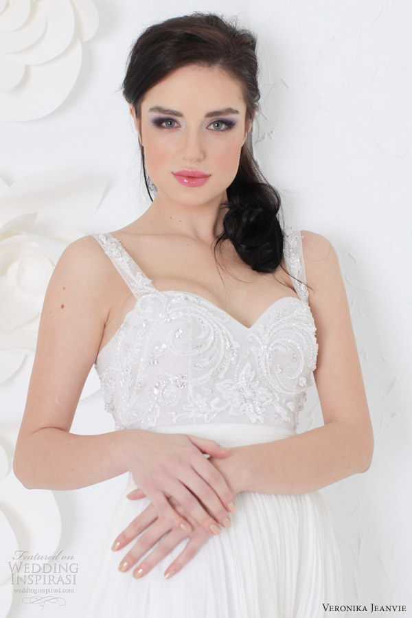 veronika jeanvie bridal 2014 ange wedding dress straps beaded bodice closeup