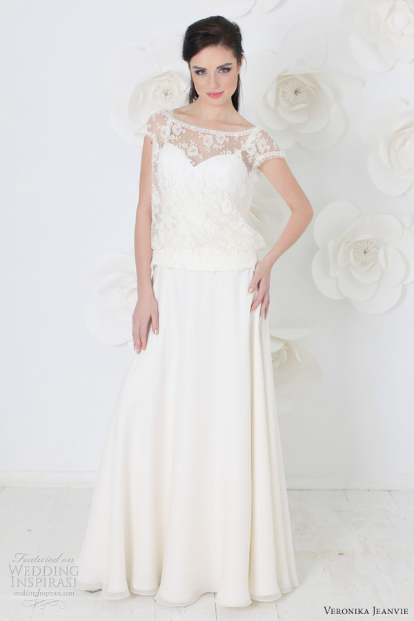 veronika jeanvie bridal 2014 short sleeve illusion wedding dress