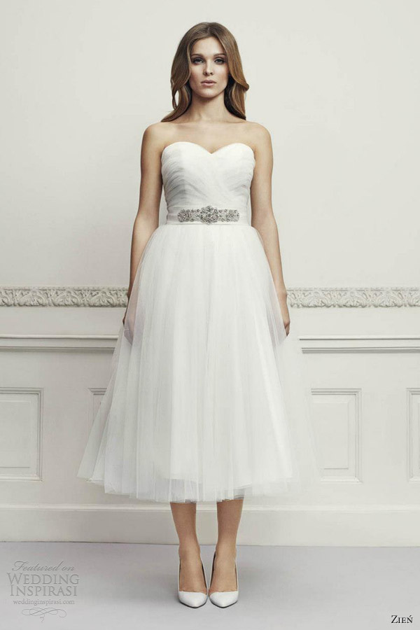 zien wedding dresses 2013 strapless tulle gown tea length gown