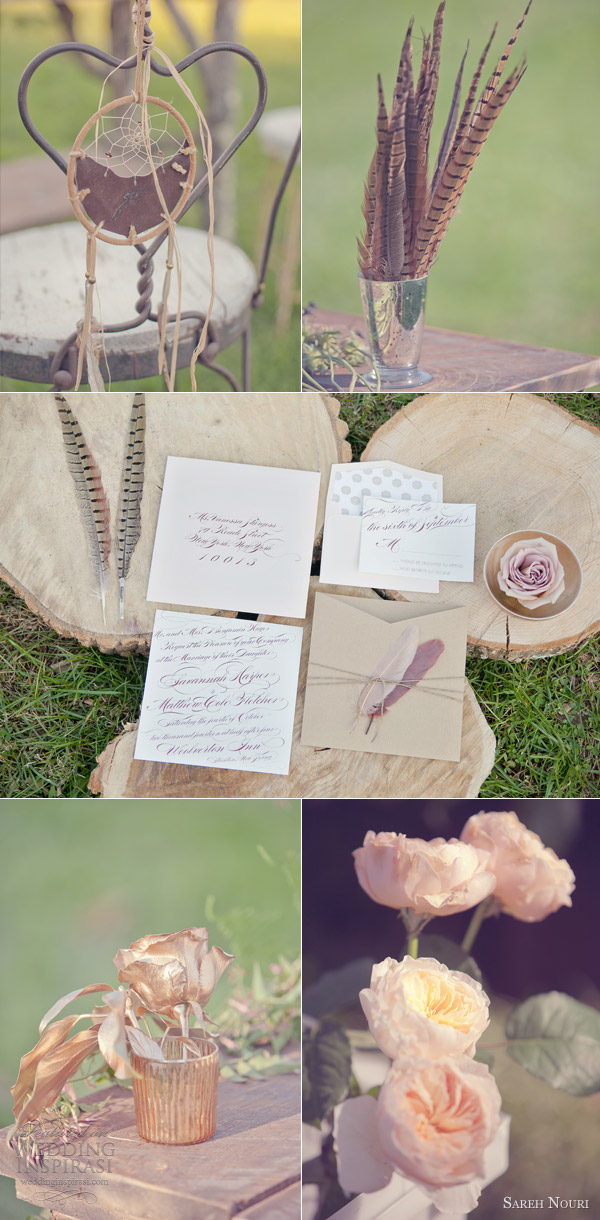 bohemian bridal theme country side elegant wedding rustic table setting pheasant feather wood gold pink