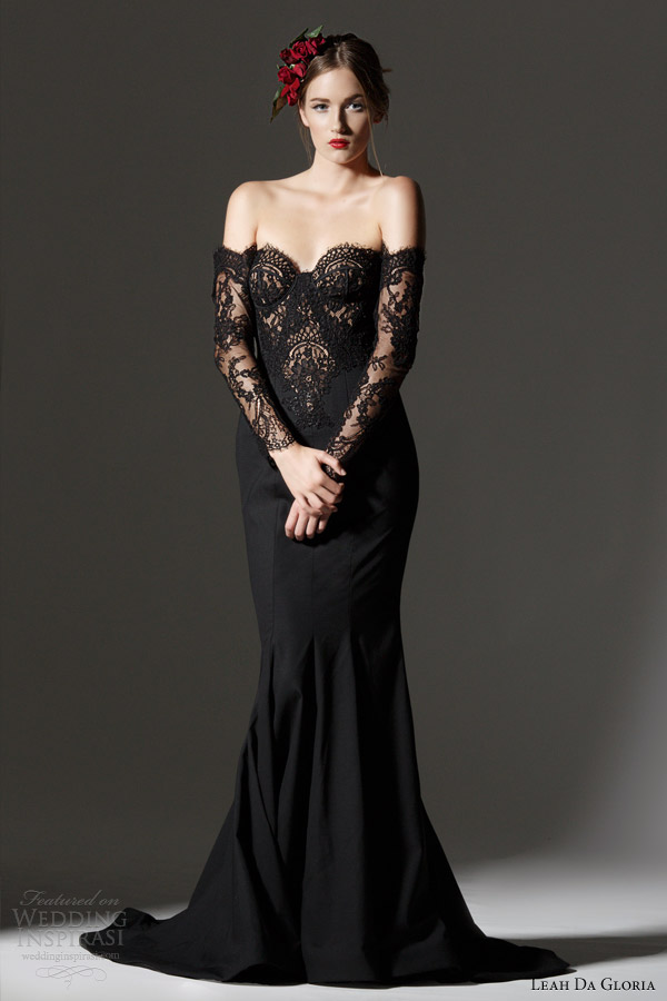 leah da gloria 2013 bridal black off shoulder long sleeves gown