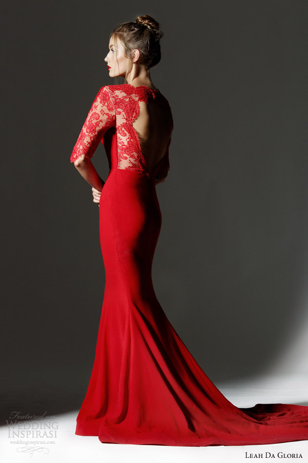 leah da gloria 2013 bridal red half sleeves lace back gown